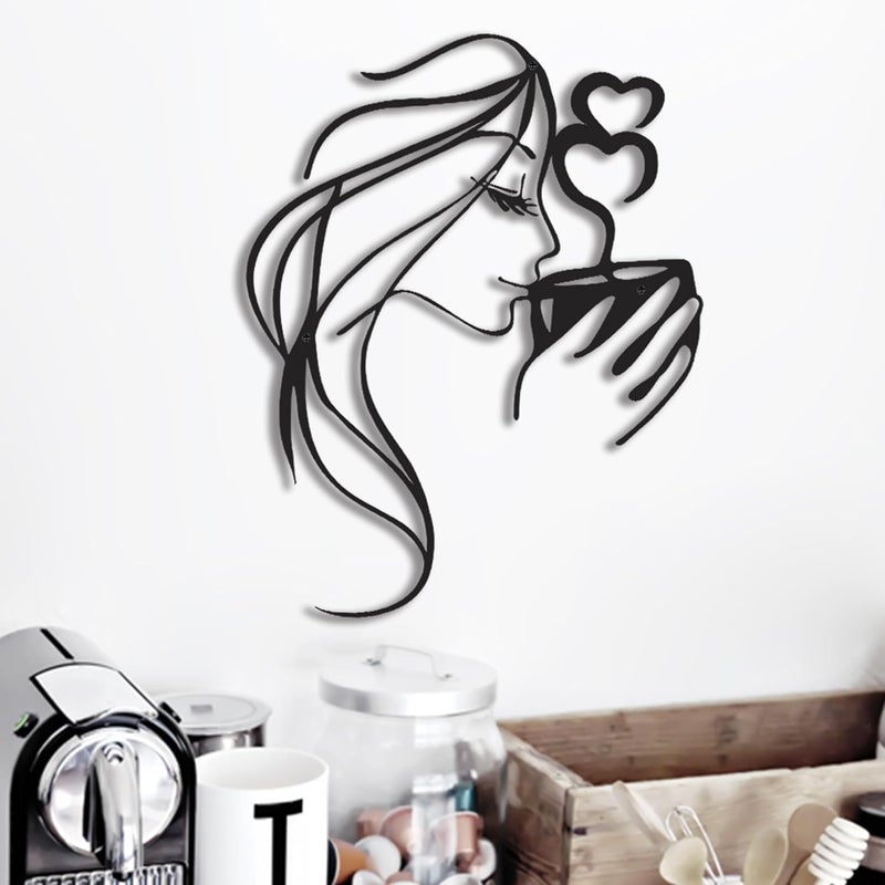 LIYAOLI 3D Black Metal Coffee Wall Art Bar Sign Decor,Kitchen Line Art Wall Decor,Woman Drinking Coffee Wall Sculptures,Unique Modern Wall Art for Living Room,Bedroom - Image 1